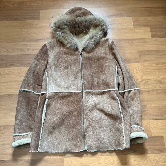 Women's Vintage Blue Duck Shearling Sheepskin Leather Hooded Zip Up Jacket Sz M